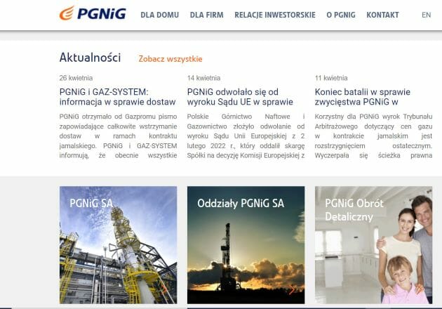 ロシア産天然ガスの停止を伝えるポーランドエネルギー大手PGNiG公式サイト