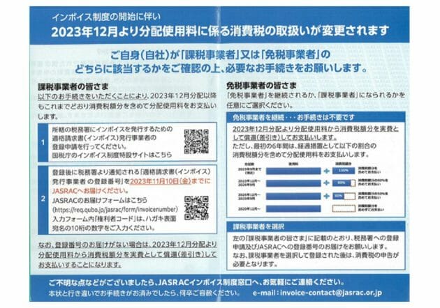 JASRAC「免税事業者へは消費税分を含めずお支払い」通知…インボイス開始で