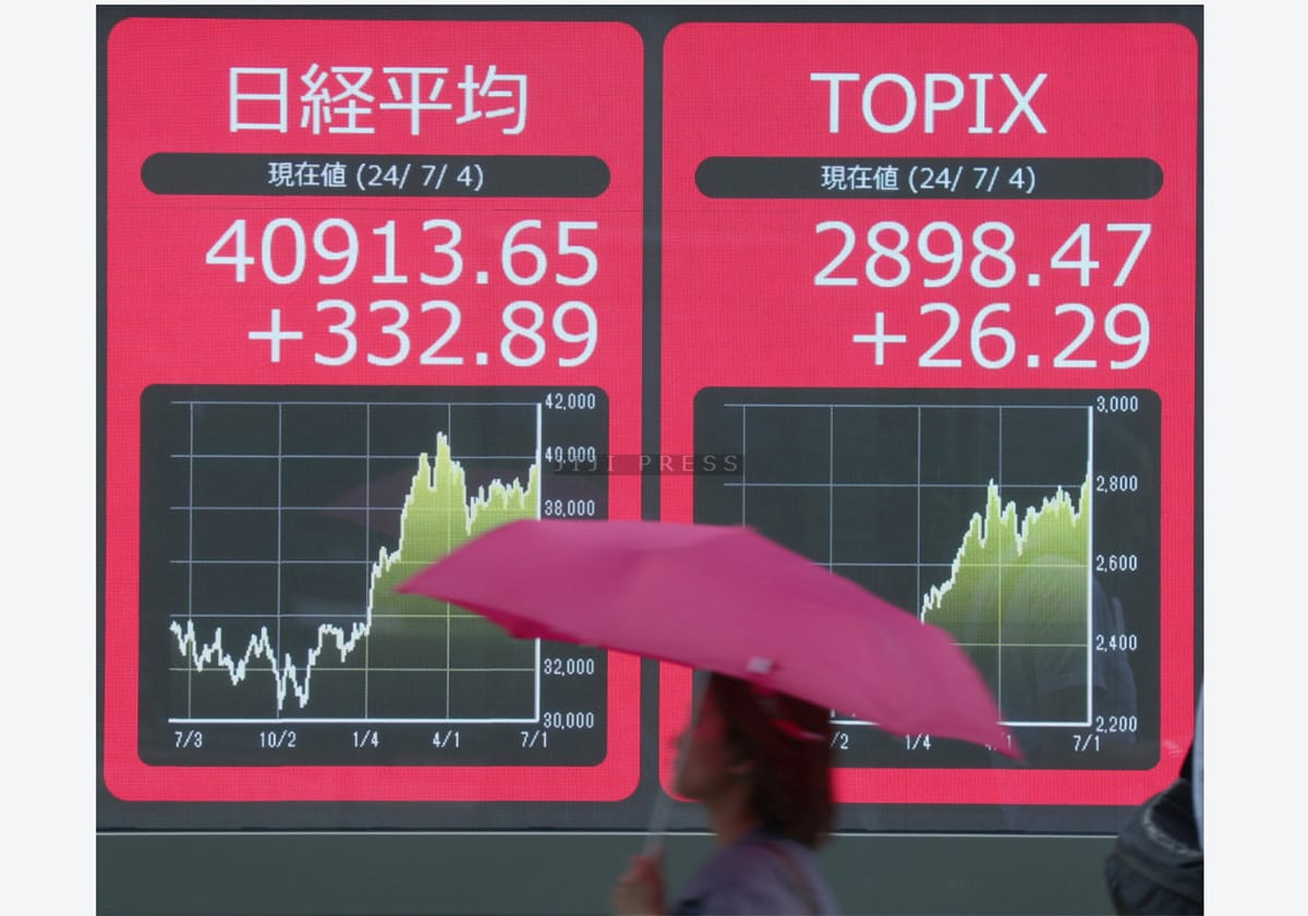 史上最高値を更新した東証株価指数（ＴＯＰＩＸ）と日経平均株価の終値を示すモニター＝４日午後、東京都中央区